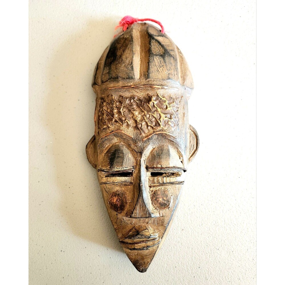 GHANA African Hand Crafted Wooden African Tribal Mask Brass & Copper Details *